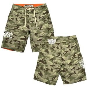 Mens Camo Cargo Board Shorts 36 Green Skulls 10" Swim Trunks Not Lined WearFirst